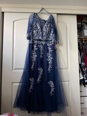 Navy Blue Embroidered Tulle Evening Dress